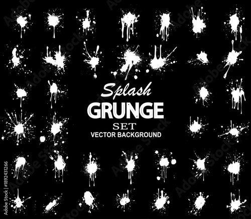 Grunge ink splatter. Splash of paints, spray drops staining and frame with wet paint drop traces  set. Illustration splash and drip design, silhouette blob spray collection