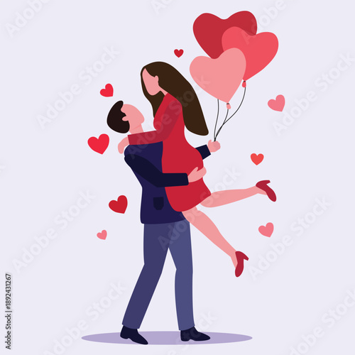 Man Gives Bunch of Balloons in Shape of Heart to Attractive Young Woman. Beautiful Smiling Couple Romantic Proposal. Happy diversity couple on 14 February, Valentines day. Vector illustration
