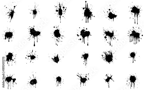 Grunge ink splatter. Splash of paints, spray drops staining and frame with wet paint drop traces  set. Illustration splash and drip design, silhouette blob spray collection