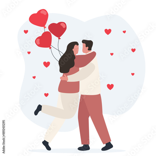 Man Gives Bunch of Balloons in Shape of Heart to Attractive Young Woman. Beautiful Smiling Couple Romantic Proposal. Happy diversity couple on 14 February, Valentines day. Vector illustration
