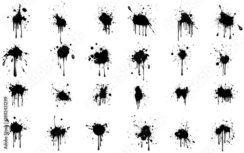 Grunge ink splatter. Splash of paints, spray drops staining and frame with wet paint drop traces  set. Illustration splash and drip design, silhouette blob spray collection