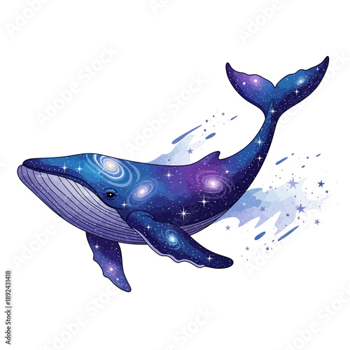 Whale with a cosmic body and starry night sky design.