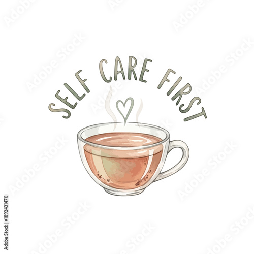 Self care concept with tea cup and heart shaped steam.