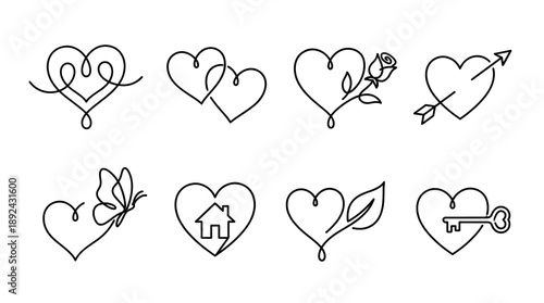 Minimalist black heart set including heart with house, rose, butterfly, arrow, and key isolated. Romantic line art collection.