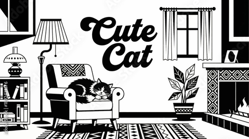 cat relaxing inside a cozy home interior, black and white illustrated in friendly vector style for kids content, stickers, and lifestyle branding