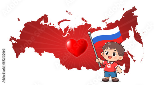 Vector cartoon illustration of cute, kind, cheerful, smiling little boy holding tricolor flag of Russia. Red heart. Peace sign. Large radiant map of Russian Federation. Love. Isolated background