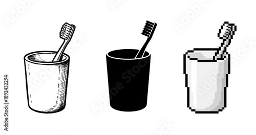 Comparison of toothbrush in cups: sketch, solid, and pixel art styles