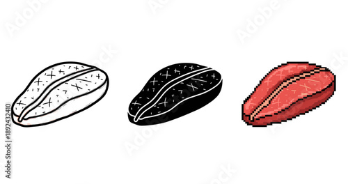 Three steak illustrations: outline, silhouette, and pixel art styles on white background
