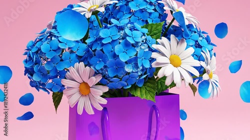A vibrant purple gift bag overflowing with blue flowers and white daisies, surrounded by floating blue petals against a pink background