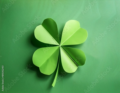Origami green clover made of paper on pale green background with copy space. St Patrick's day concept