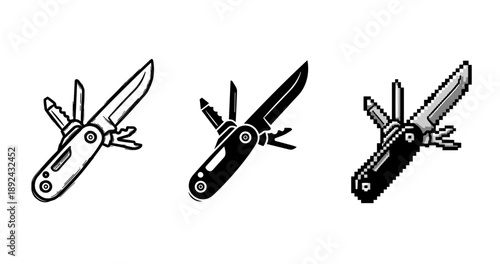 Three black and white swiss army knives in different art styles