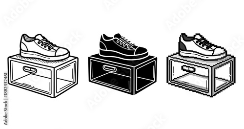 Black and white shoe variations on boxes with pixel style design