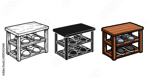 Wooden shoe rack variations: sketch, silhouette, pixel art styles