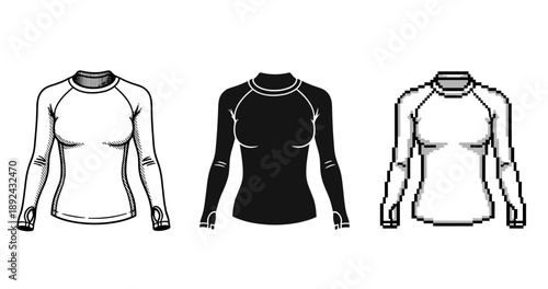 Three styles of long sleeve shirts: sketch, silhouette, pixel art