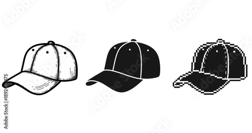 Stylized baseball caps illustration: sketch, solid, and pixel art variations