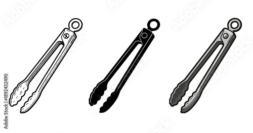 Set of black and white kitchen tongs in different styles on white background