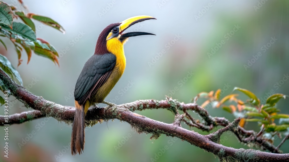 Fototapeta premium A vibrant toucan perched on a branch. The bird shows off its striking yellow and black feathers. Ideal for wildlife lovers and nature enthusiasts. Stunning visuals for art and education. AI