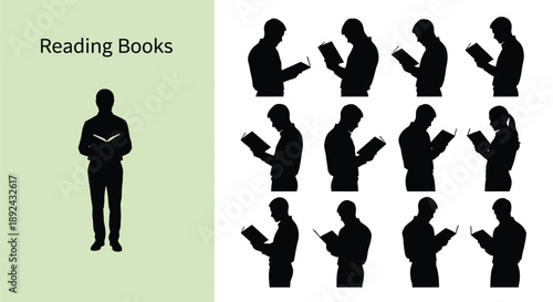 Collection of black silhouette icons depicting various male and female figures standing in profile positions while intensely focused on reading open paperback books in different postures