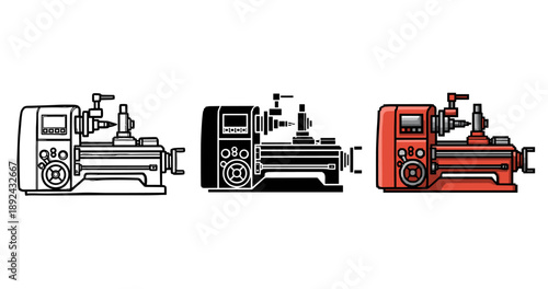 Vector images of industrial lathes: outline, silhouette, and red variations