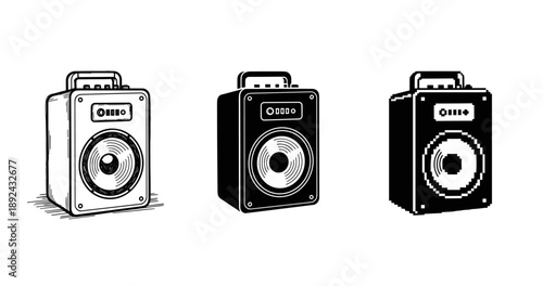 Three retro stereo speakers: hand-drawn, digital, and pixel art styles in black and white