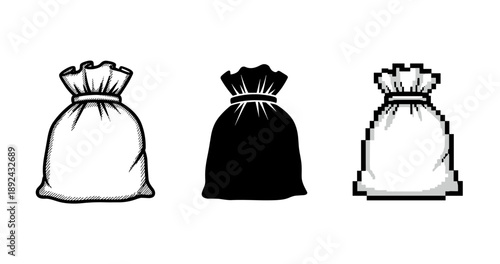 Three drawstring bags in vintage, silhouette, and pixel art styles