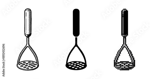 Variety of potato mashers: vintage, modern, pixelated design examples