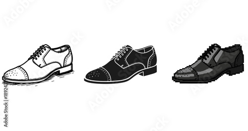 Comparison of classic oxford shoes in sketch, silhouette, and pixel art styles