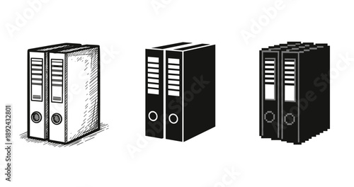 Vector illustrations of office document binders in three distinct styles