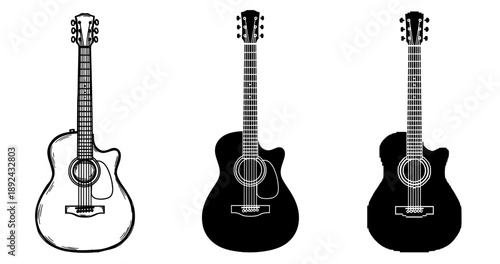 Trio of acoustic guitar silhouettes in artistic black and white design