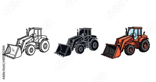 Trio of wheel loaders: black and white, outline, and colorful versions