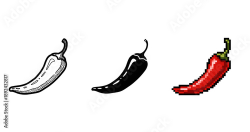 Three chili pepper icons: sketch, silhouette, and pixel art styles