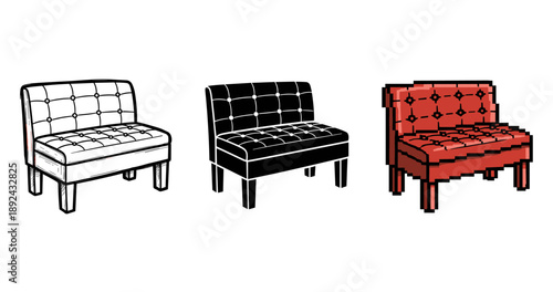 Three styled chairs: outline, black filled, and pixel art versions