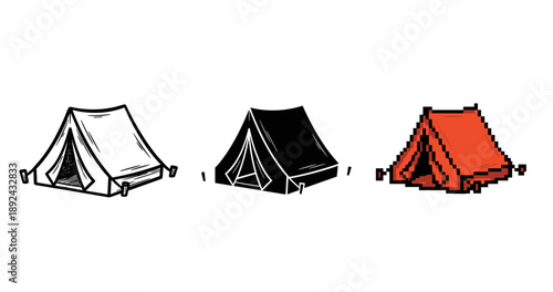 Three distinct tent designs: white sketch, black silhouette, red pixel art