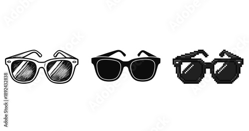 Set of three stylish sunglasses icons: sketch, solid, pixel art