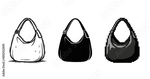 Three styles of handbags: sketch, silhouette, and pixel art designs