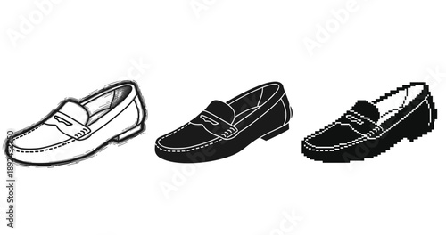 Stylized loafers: hand-drawn outline, solid silhouette, pixel art
