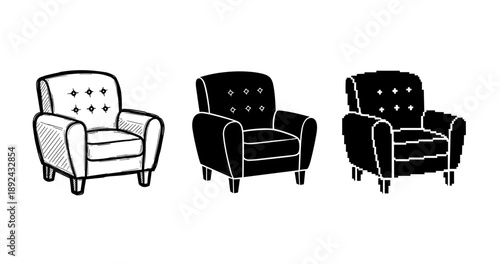 Illustration of three armchair styles: sketch, solid, and pixelated designs