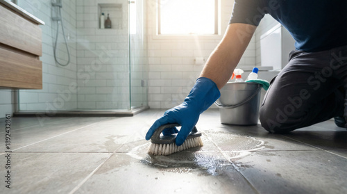 cleaning scene in contemporary bathroom shows gloved hand scrubbing tile grout with stiff brush. Soap, spray bottle, cleaning bucket are visible in background, household maintenance and hygiene.