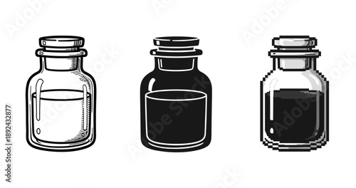 Set of three artistic potion bottles in different styles on white background