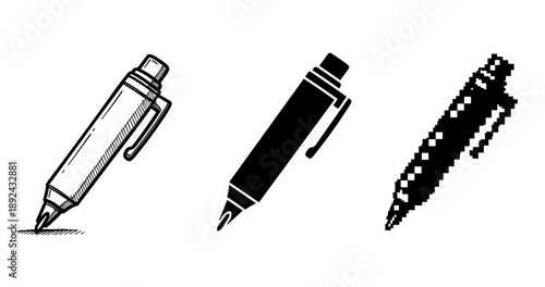 Stylized pen designs: sketch, silhouette, pixel art variations