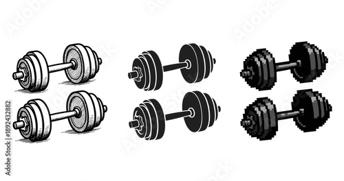 Stylized dumbbells in vintage, modern, and pixel art designs