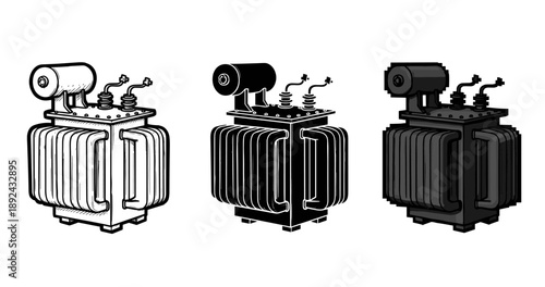Three illustrated electrical transformers in different artistic styles