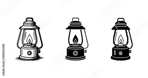Set of three vintage lantern illustrations in varied art styles