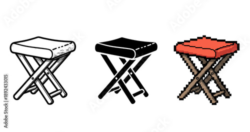 Variety of stool designs: sketch, silhouette, pixel art red cushion