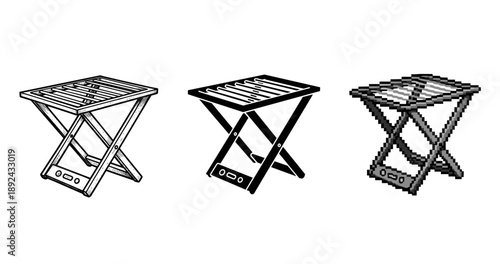 Wooden, black, and pixelated folding stool designs in side view