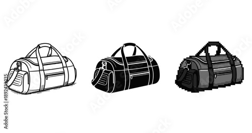 Three styles of duffel bags: sketch, silhouette, and pixel art