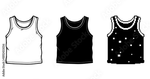 Three black and white tank tops in vector, solid, and pixel art styles