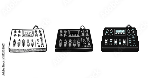 Collection of three audio mixers with buttons and sliders