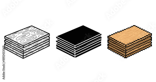Three styles of stacked wood logs: outline, solid, pixel art icons