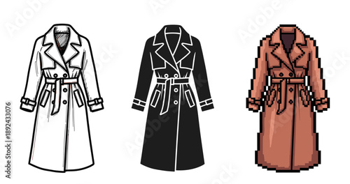 Trench coats: sketch, silhouette, pixel art designs in black and white, brown